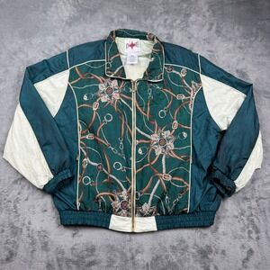 90s Active Frontier Teal Cream Equestrian Print Nylon Windbreaker Jacket L